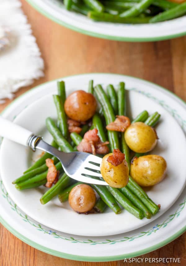 Simple Haricot Vert and Mini Potatoes with Bacon and Sweet Balsamic Vinegar | ASpicyPerspective.com