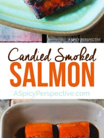 Love this Easy Candied Smoked Salmon Recipe with Flash Fried Ginger on ASpicyPerspective.com #salmon
