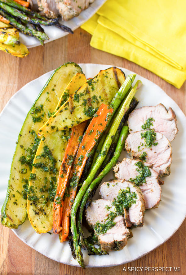 Quick and Easy Healthy Grilled Pork Tenderloin with Chimichurri and Roasted Vegetables | ASpicyPerspective.com