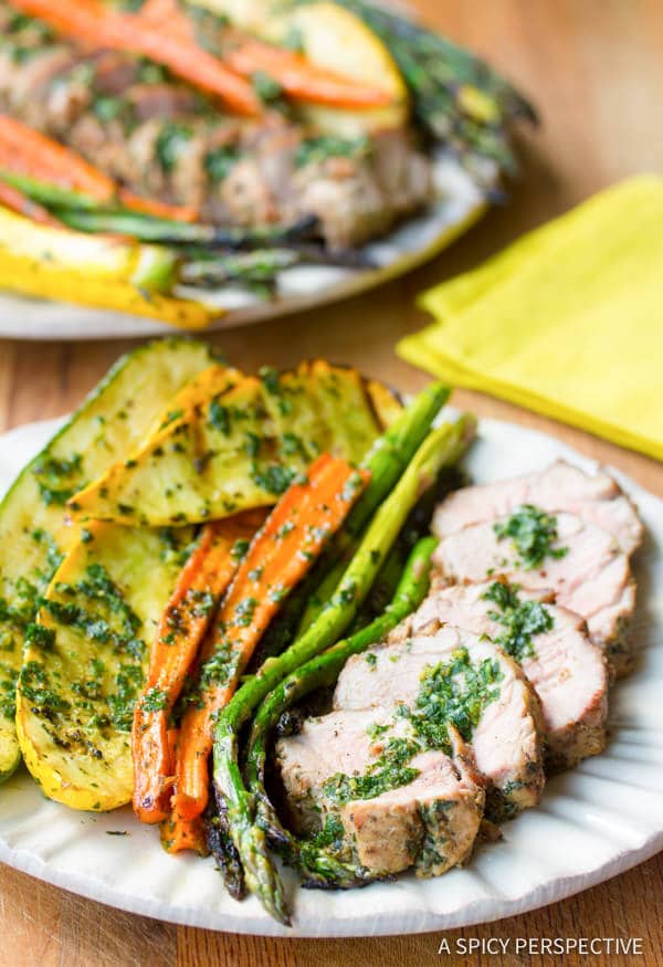Perfect Healthy Grilled Pork Tenderloin with Chimichurri and Roasted Vegetables | ASpicyPerspective.com
