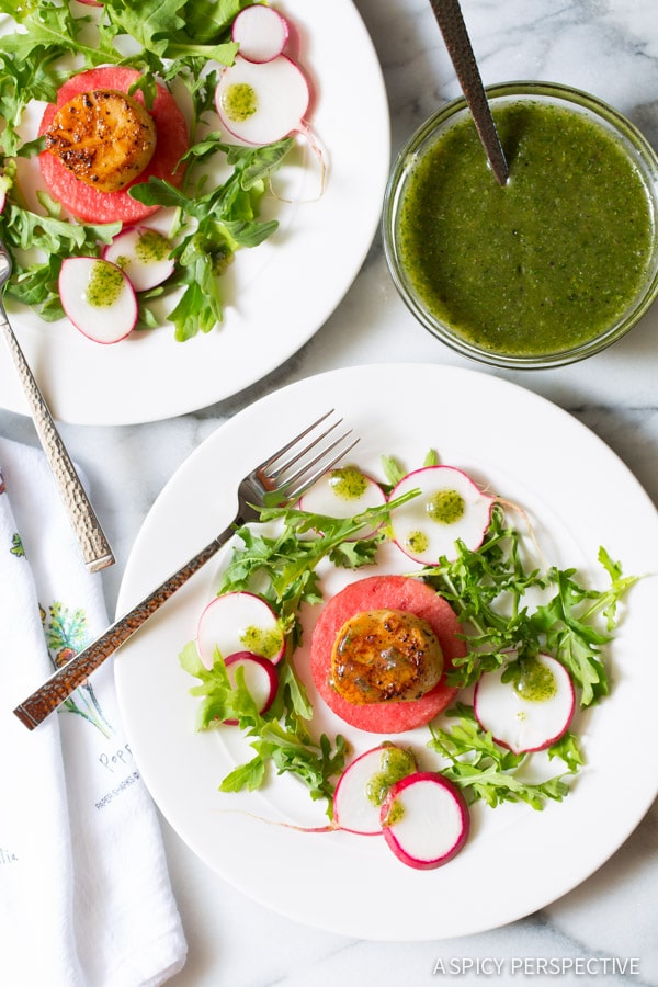 Love this Seared Scallops on Watermelon Salad with Sparkling Mint Vinaigrette - ASpicyPerspective.com 