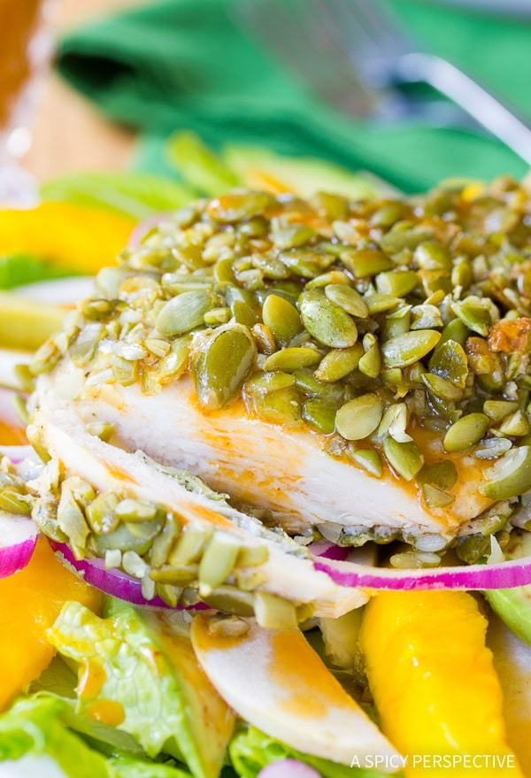 Pepita Crusted Chicken Salad with Sweet Adobo Vinaigrette A Spicy