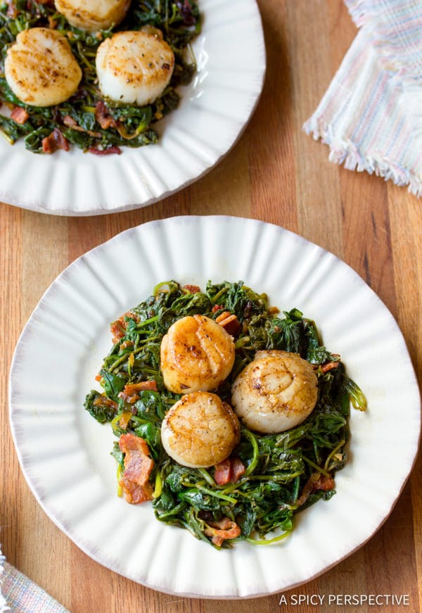 Best Seared Scallops with Wilted Greens | ASpicyPerspective.com