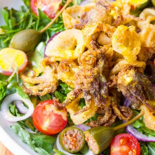 Fried Calamari Salad with Caperberries and Lemon Aioli A Spicy