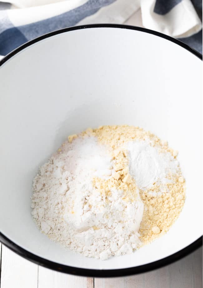 Dry ingredients for pancakes in a bowl.