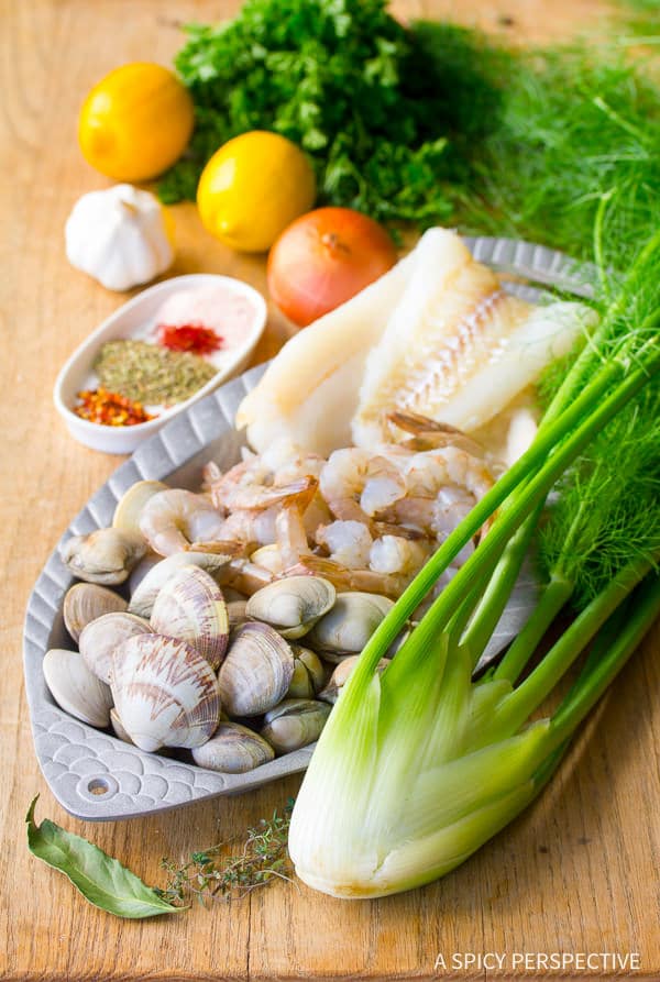 Cioppino Ingredients laying on counter