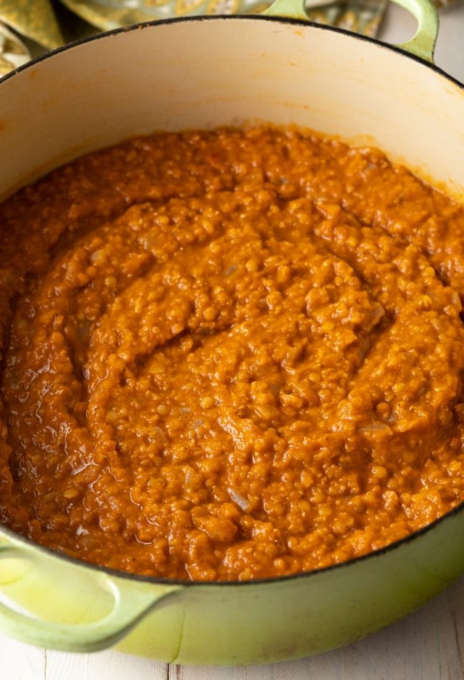 Cooked Ethiopian lentils in the pot.