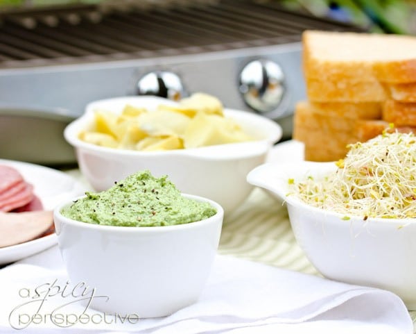 Ingredients for a creamy pesto sandwich.