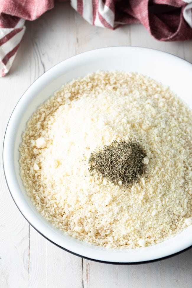 Closeup of ingredients for breadcrumb mixture in bowl. 
