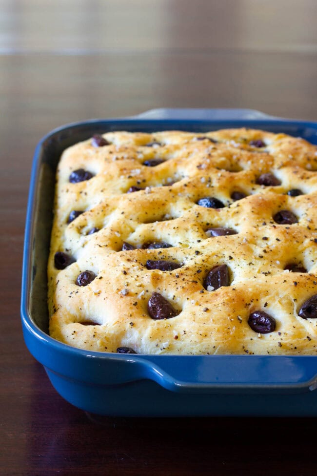 Tender Focaccia Bread with Roasted Garlic and Olives