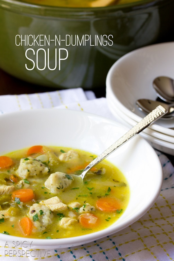 Chicken N Dumplings Soup Recipe | ASpicyPerspective.com #soup #recipe #chicken
