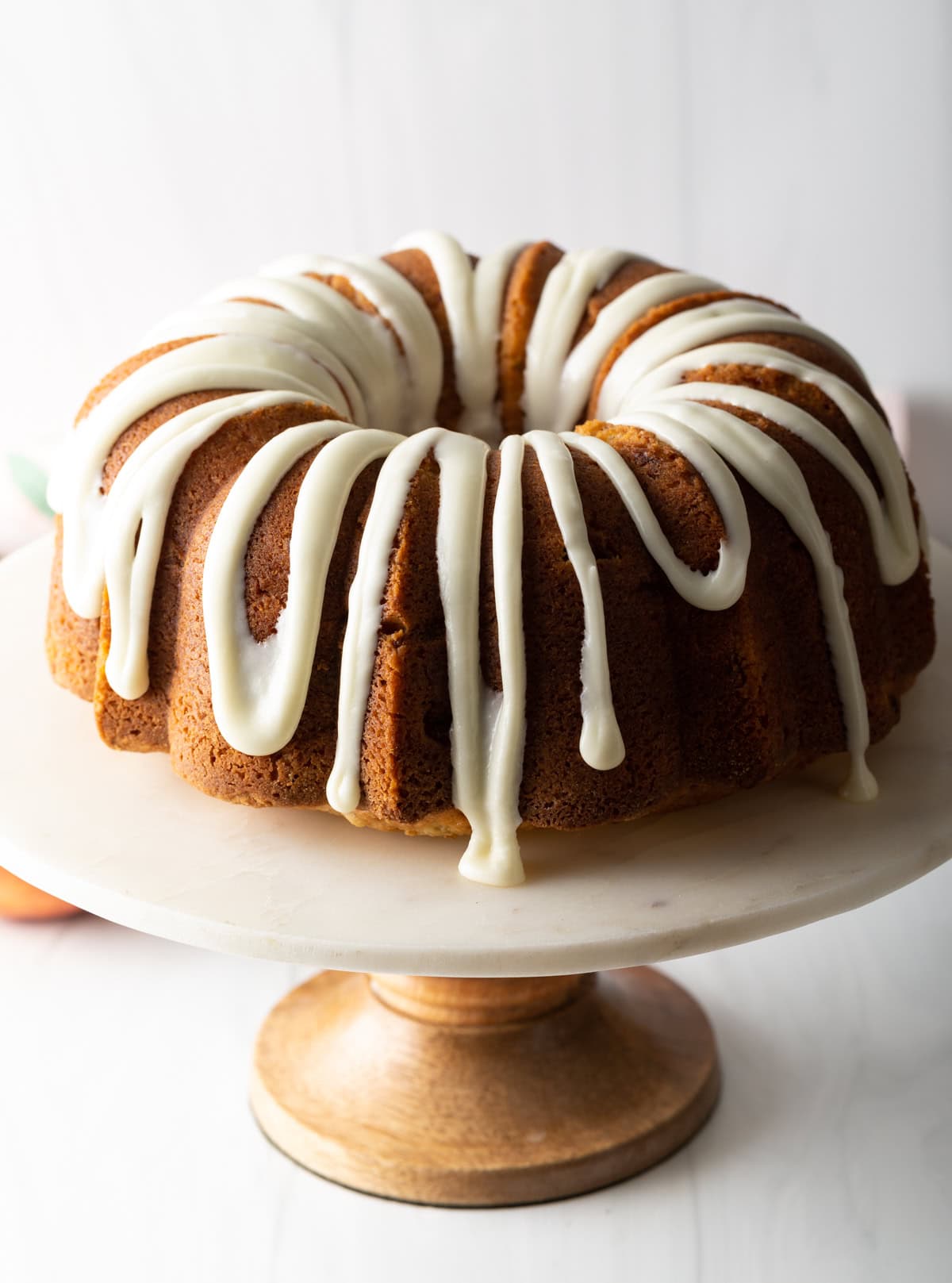 Peach Bundt Cake Recipe on cake stand