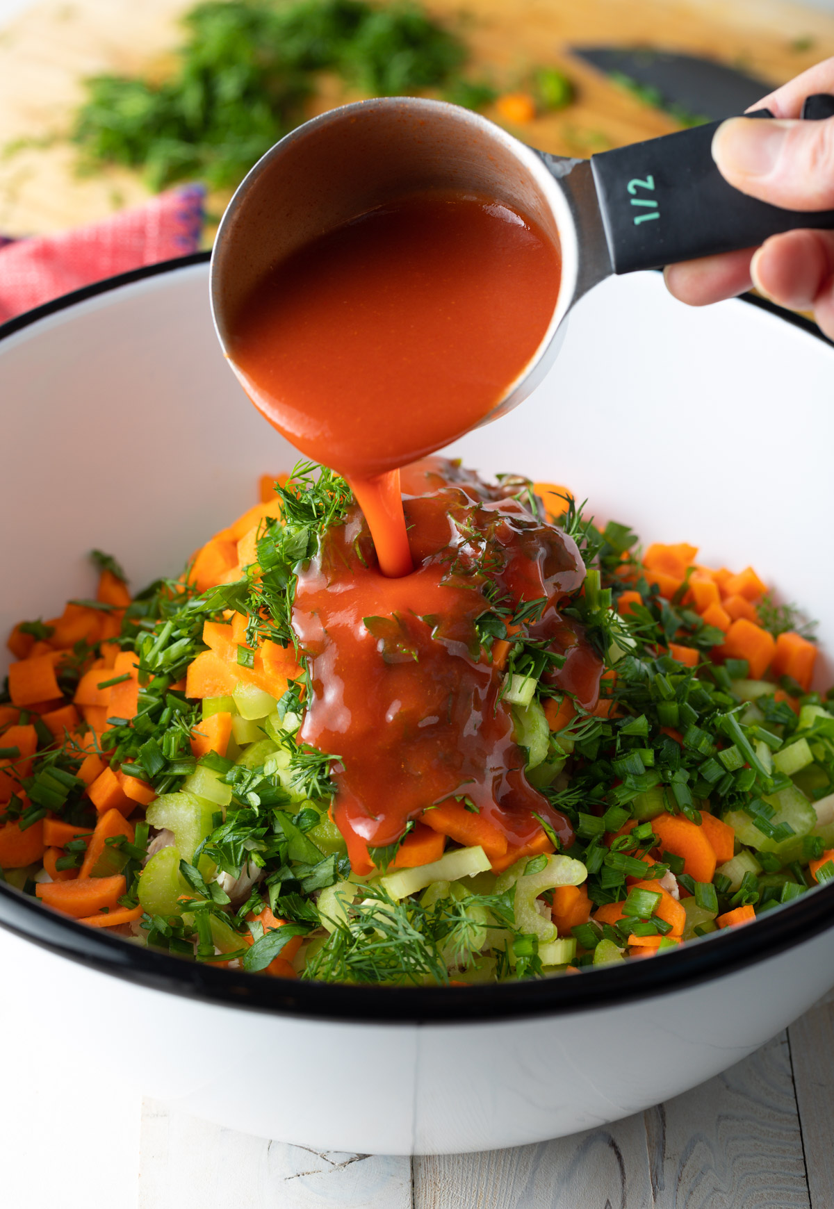 hot sauce, chopped veggies