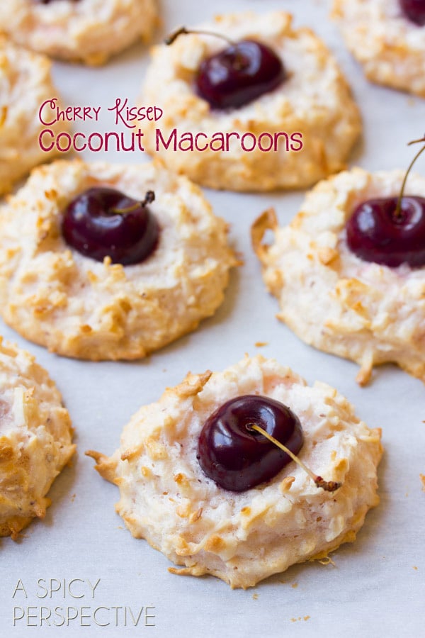 Coconut Macaroons - With a Fresh Cherry Center! #valentinesday #macaroons #cookies #cherry #coconut