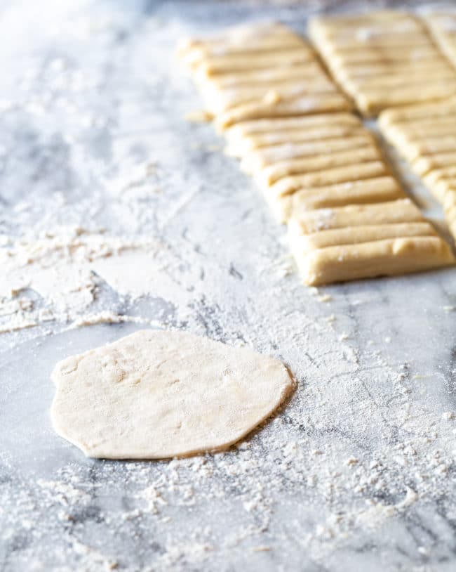 Rolled out and flattened dumpling dough. 