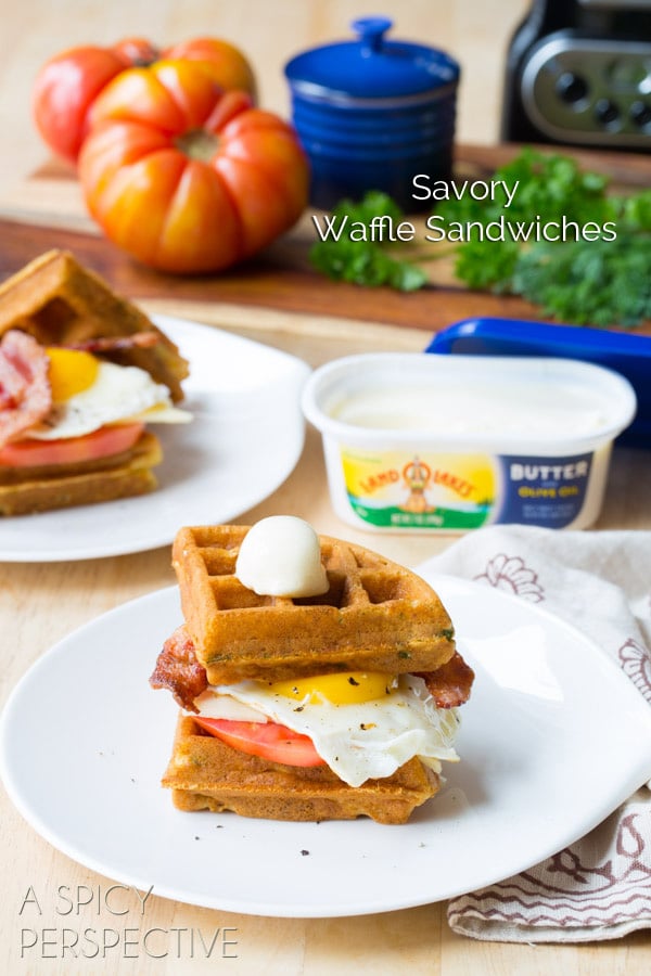 Waffle Sandwich made with Crispy Cornmeal Waffles, Bacon, Eggs, Cheese, and Heirloom Tomatoes! #breakfast #waffles #bacon