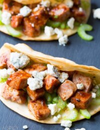 Easy Buffalo BBQ Ahi Tuna Fish Tacos Recipe on ASpicyPerspective.com #fishtacos #ahituna #recipe #buffalo #cincodemayo