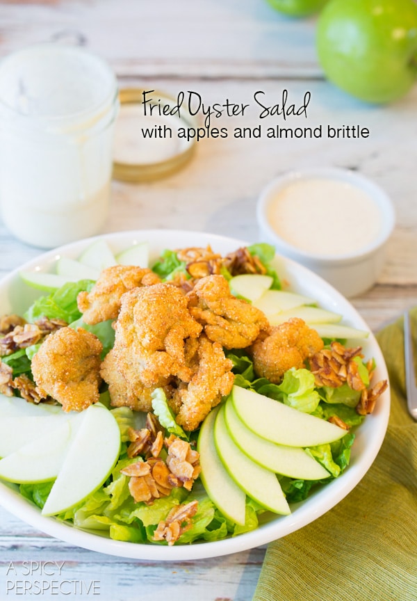 Fried Oyster Salad with Apples and Almond Brittle - Amazing! #summer #salad #oysters