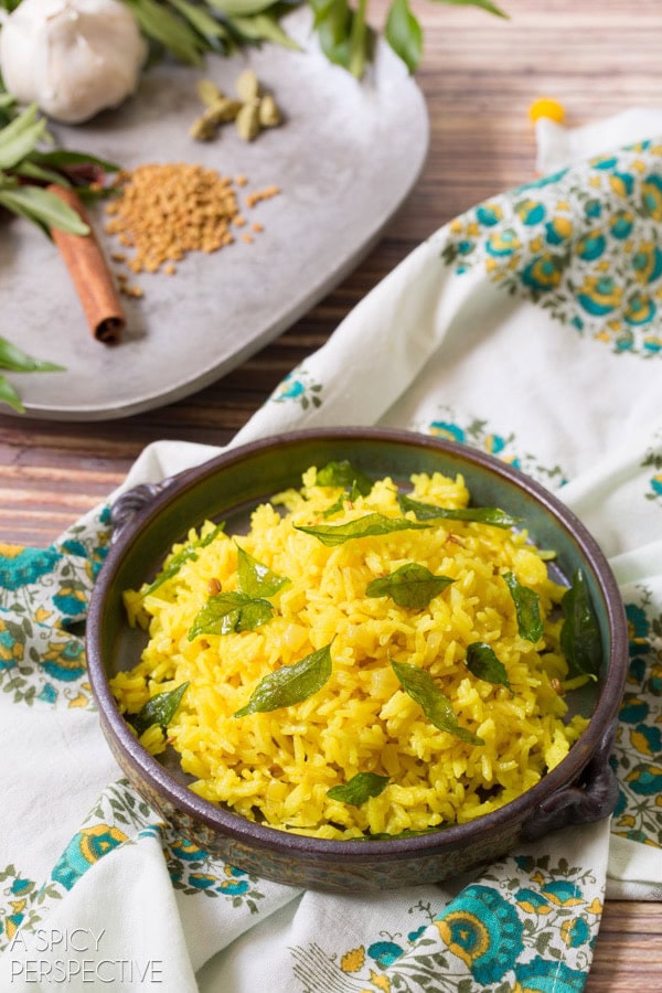 Indian rice plated in a bowl.