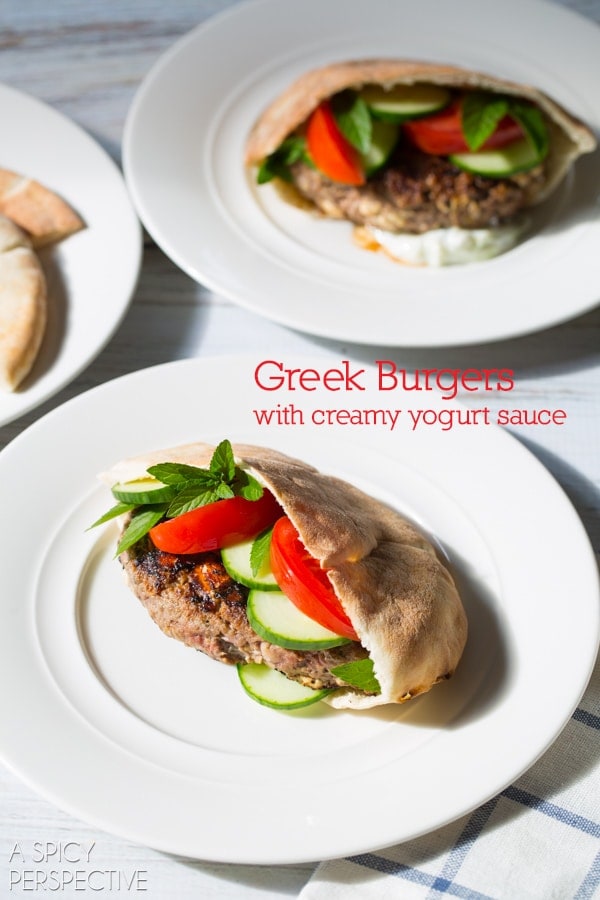 Greek Hamburger Recipe on ASpicyPerspective.com #burgers #summer #greek