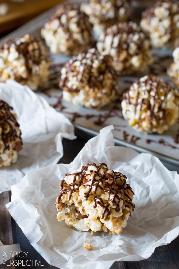 Fab Toffee Pecan Popcorn Balls with Chocolate Drizzle #popcorn #holidays