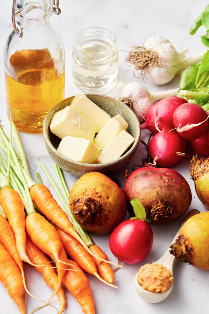 ingredients for roasted vegetables with miso glaze