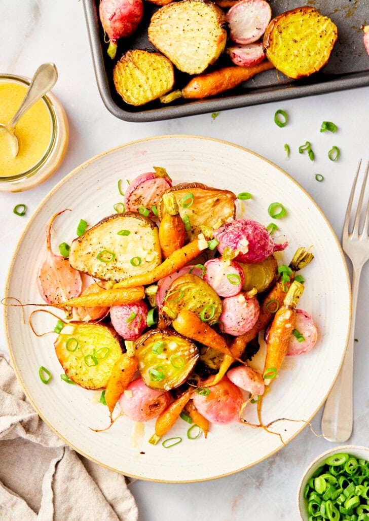 Roasted vegetables on plate overhead shot