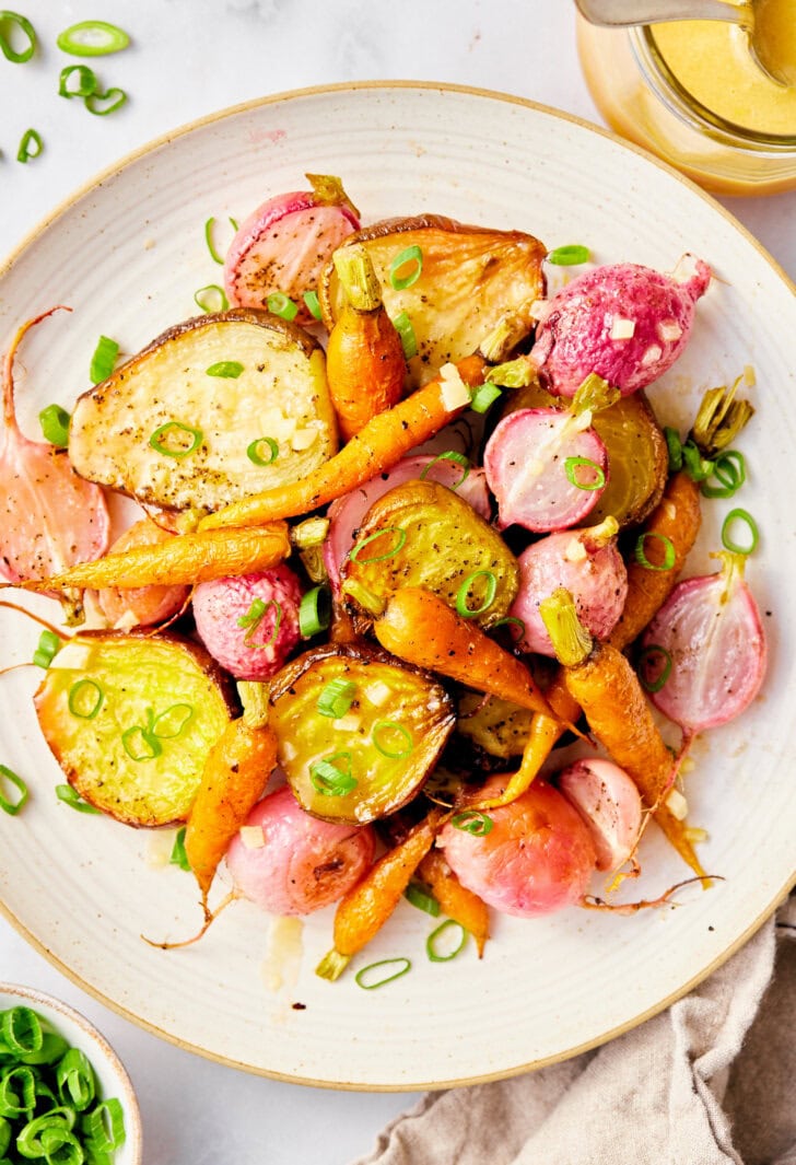 Miso Roasted vegetables on a plate - close up shot