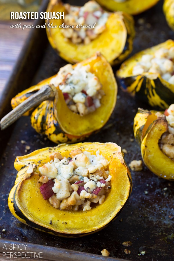 Roasted squash with pear and blue cheese streusel