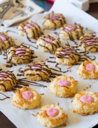 Pomegranate Coconut Thumbprint Cookies with chocolate drizzle