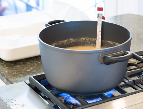 Easy to Make Salted Caramel Candy Recipe with a hint of Bourbon - boiling in pan