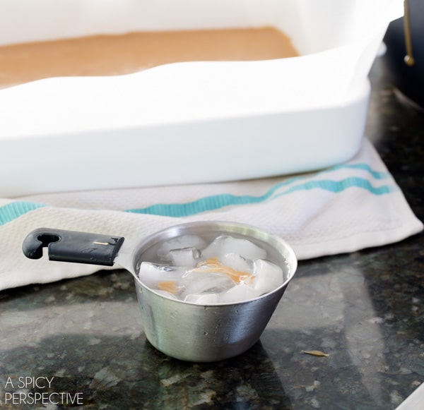 testing caramel consistency in ice water