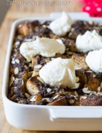 Tiramisu French Toast Casserole with Chocolate Almond Crumble and Whipped Mascarpone Cream #tiramisu #frenchtoast #holiday #christmas