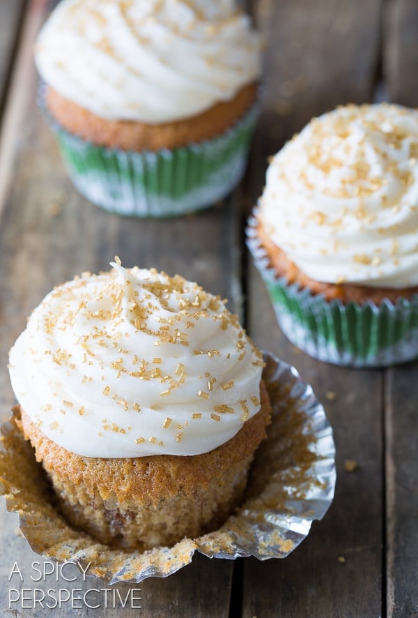 Hummingbird cupcakes topped off with frosting and sprinkles. 