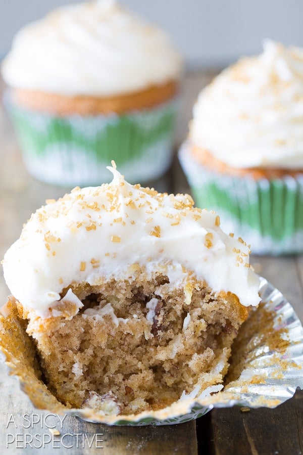Close up of half eaten cupcake. 