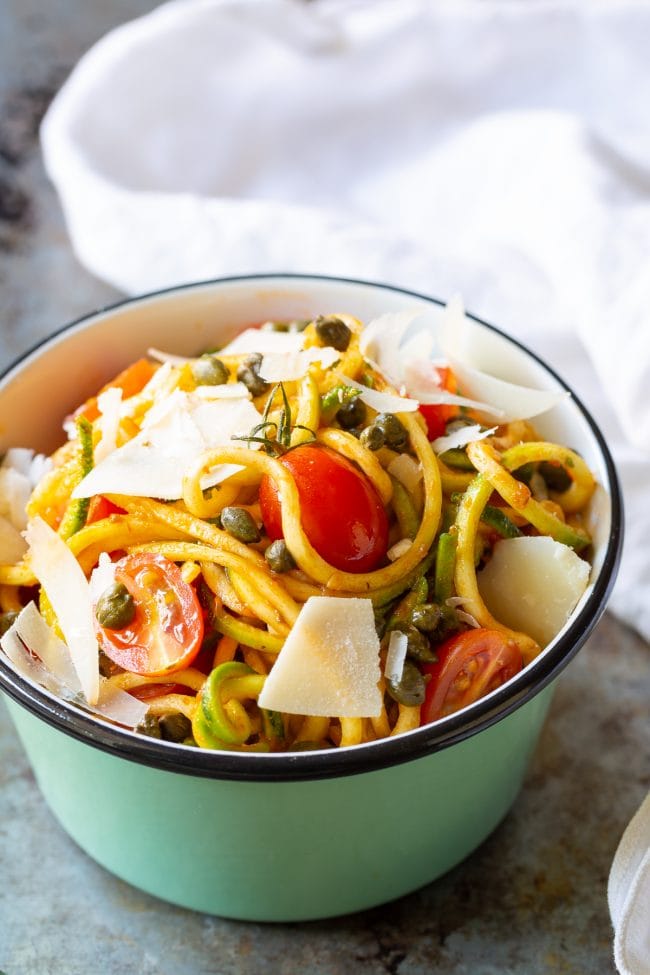 Zoodles (Zucchini Noodles) with Tomatoes and Capers Recipe A Spicy Perspective