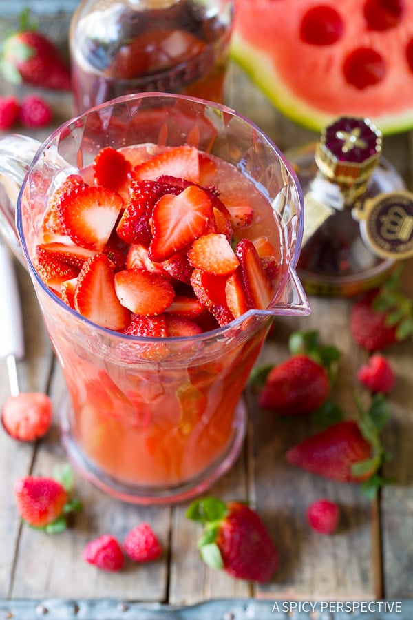 Strawberries #ASpicyPerspective #Cocktails #Sangria #SangriaRecipe #RoseSangria #HowtoMakeSangria #Drinks #Beverage 