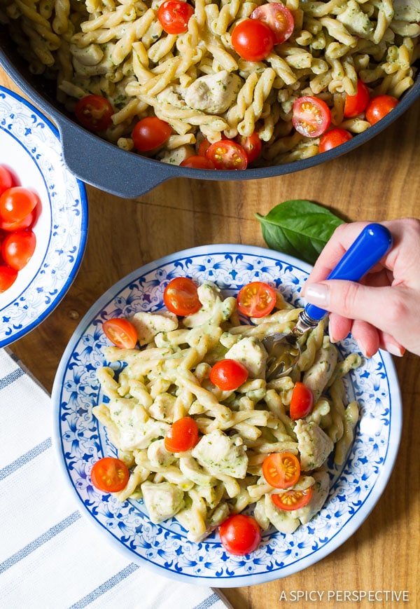 One Pot Chicken Pasta with Light Basil Cream Sauce