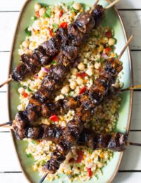 Balsamic Chicken Skewers with Israeli Couscous on ASpicyPerspective.com #FarmtoGrill #grill