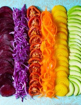 Amazing RAINBOW Roasted Vegetable Salad with Fresh and Sweet Roasted Veggies topped with Pesto Vinaigrette!