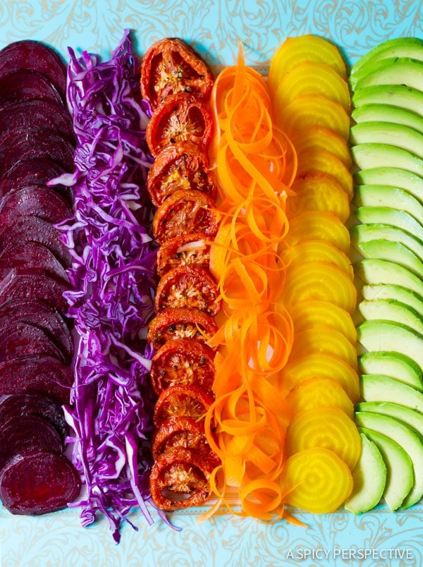 Roasted Vegetable Salad lined uup on platter.