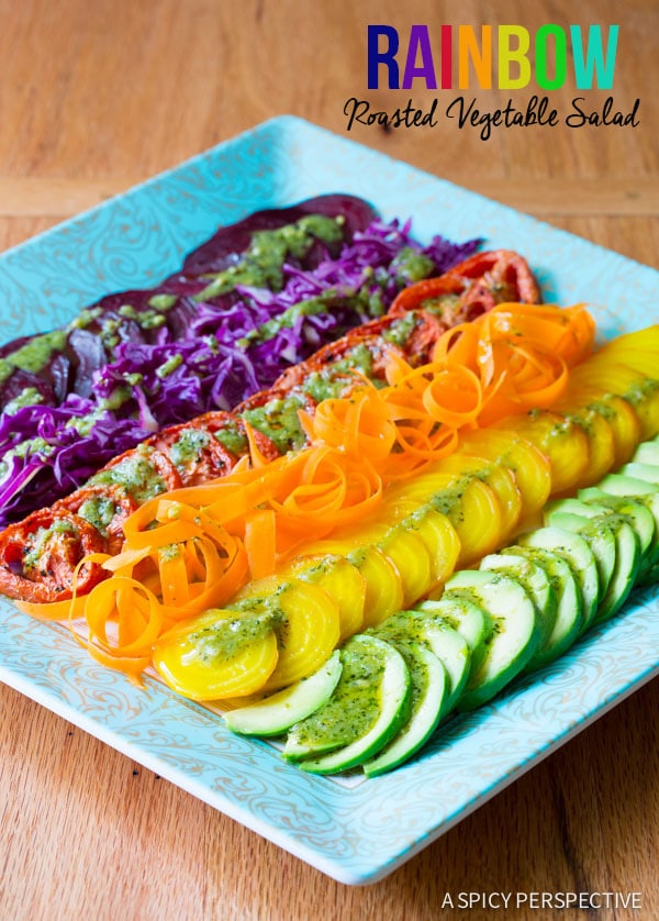 Easy RAINBOW Roasted Vegetable Salad with Fresh and Sweet Roasted Veggies topped with Pesto Vinaigrette!