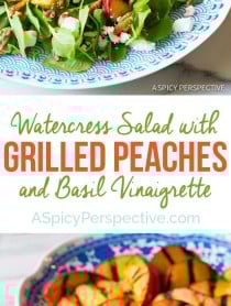 Amazingly Simple Watercress Salad with GRILLED PEACHES and Basil Vinaigrette on ASpicyPerspective.com #salad #peaches