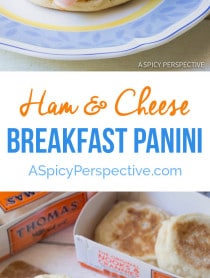 Fresh and Fabulous Ham and Cheese Breakfast Panini - Toasted English Muffins topped with savory cream cheese spread, ham, melted cheese, and avocado.
