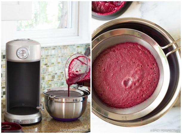 Side by side view of blended ingredients being poured into a sieve, and top down view of juice going through the sieve. 