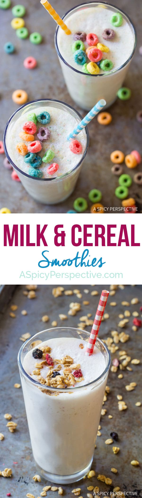 Love this Milk and Cereal Smoothie - Loaded with protein and just a handful of Cereal! ASpicyPerspective.com