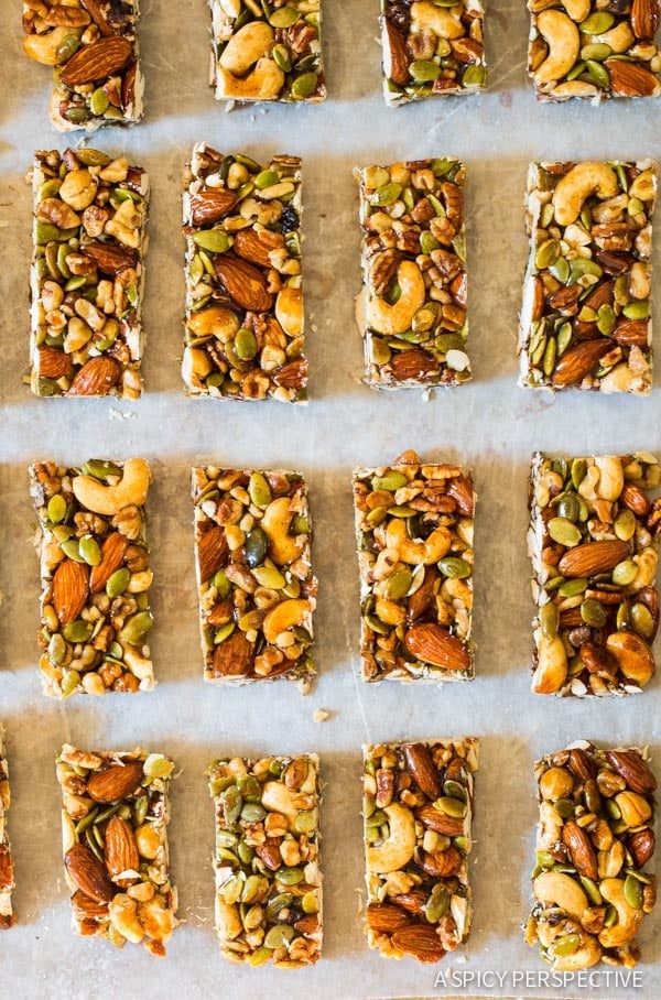 Top down view 12 nut bars cut into rows.