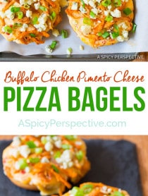 You've got to try these Buffalo Chicken Pimento Cheese Pizza Bagels on ASpicyPerspective.com. 7-Ingredients, Loads of Flavor!