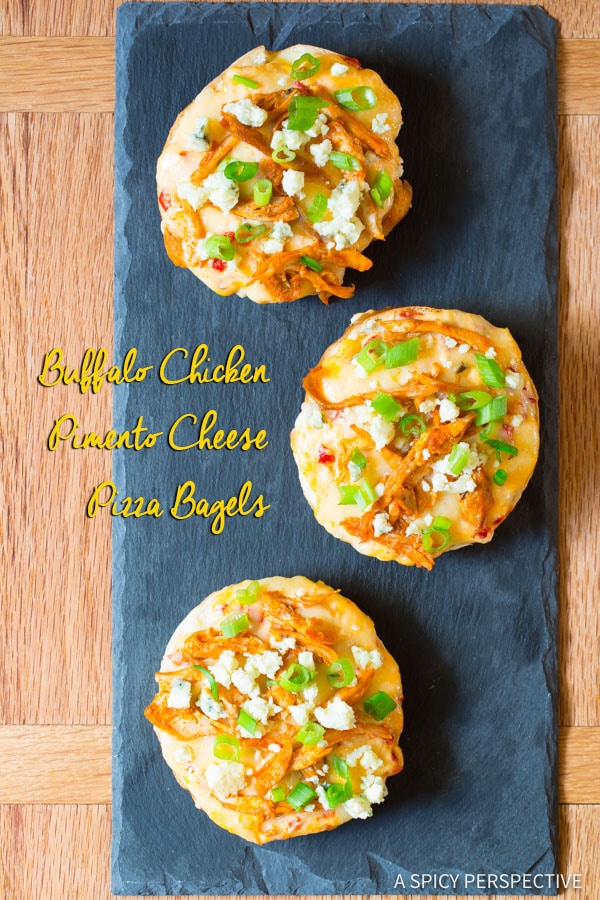 Awesome Buffalo Chicken Pimento Cheese Pizza Bagels Recipe on ASpicyPerspective.com. 7-Ingredients, Loads of Flavor!