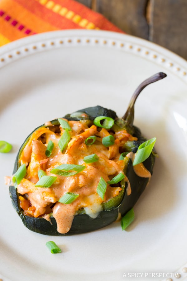 Chicken Stuffed Peppers #ASpicyPerspective #BuffaloChicken #PoblanoPeppers #StuffedPeppers #ChickenStuffedPeppers #BuffaloChickenStuffedPeppers #Dinner #MexicanFood